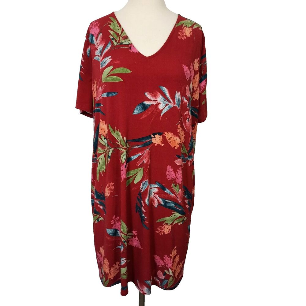 Christian Siriano Women Size XXL Red Floral Shift Dress Short Sleeve Hi Lo